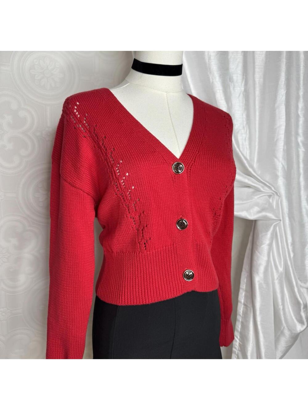 Red Knit Button Cardigan with Gold Accents